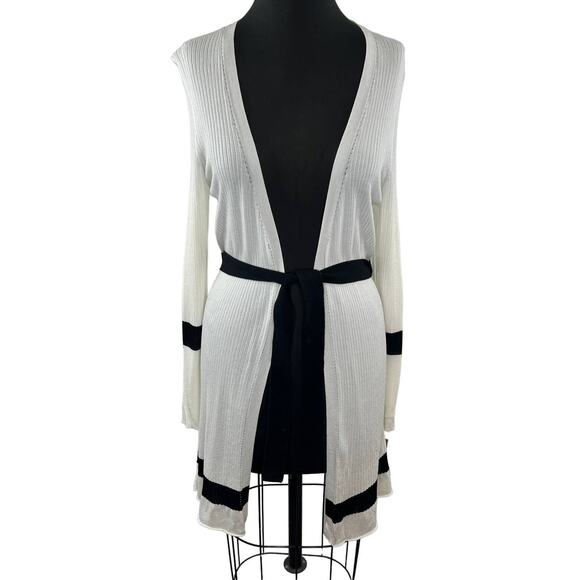 MaxMara White Black Trim Tie-Waist Ribbed Midi Duster Jacket Cardigan Sweater S - Picture 1 of 8